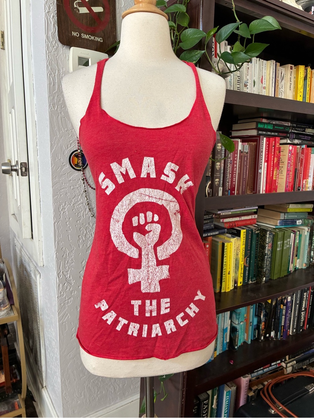 Red Graphic Feminist Tank Top with White Print Smash the Patriarchy XS
